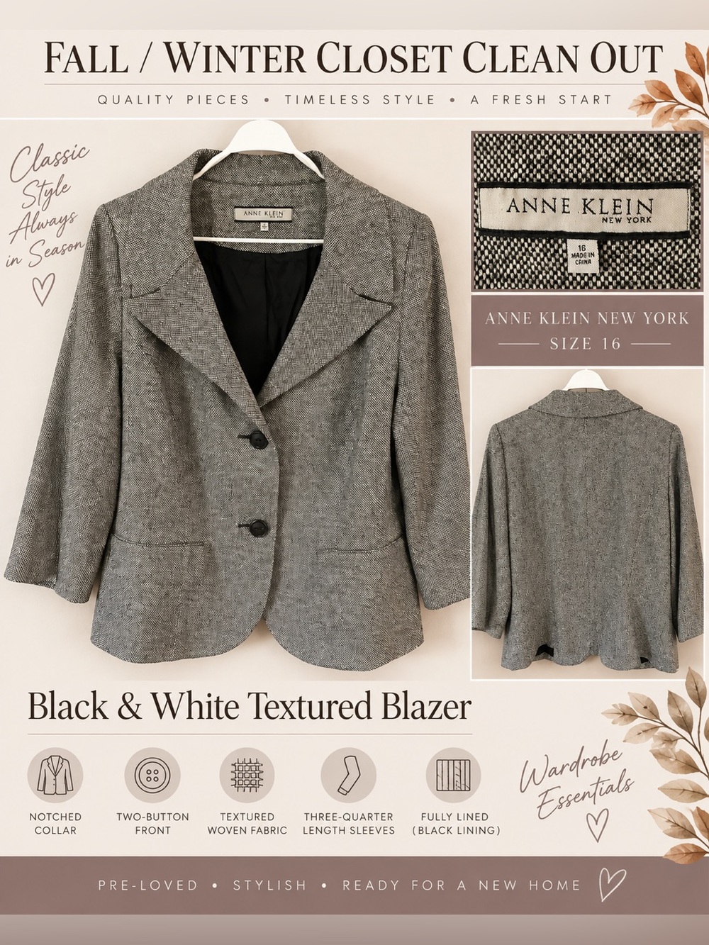 Anne Klein Black & White Textured Blazer